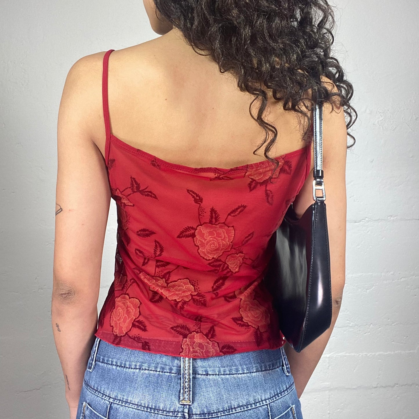 Vintage 2000's Romantic Red Mesh Cami Top with Roses Print (L)