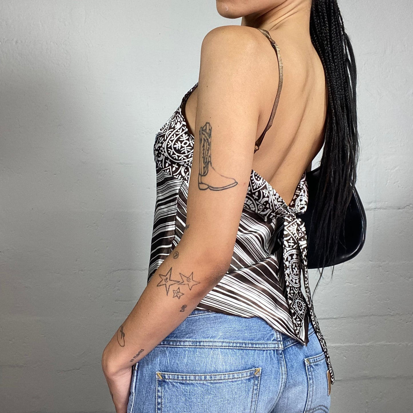 Vintage 2000's Romantic Sheer Striped Cami Top with Boho Style Bra Print (S)