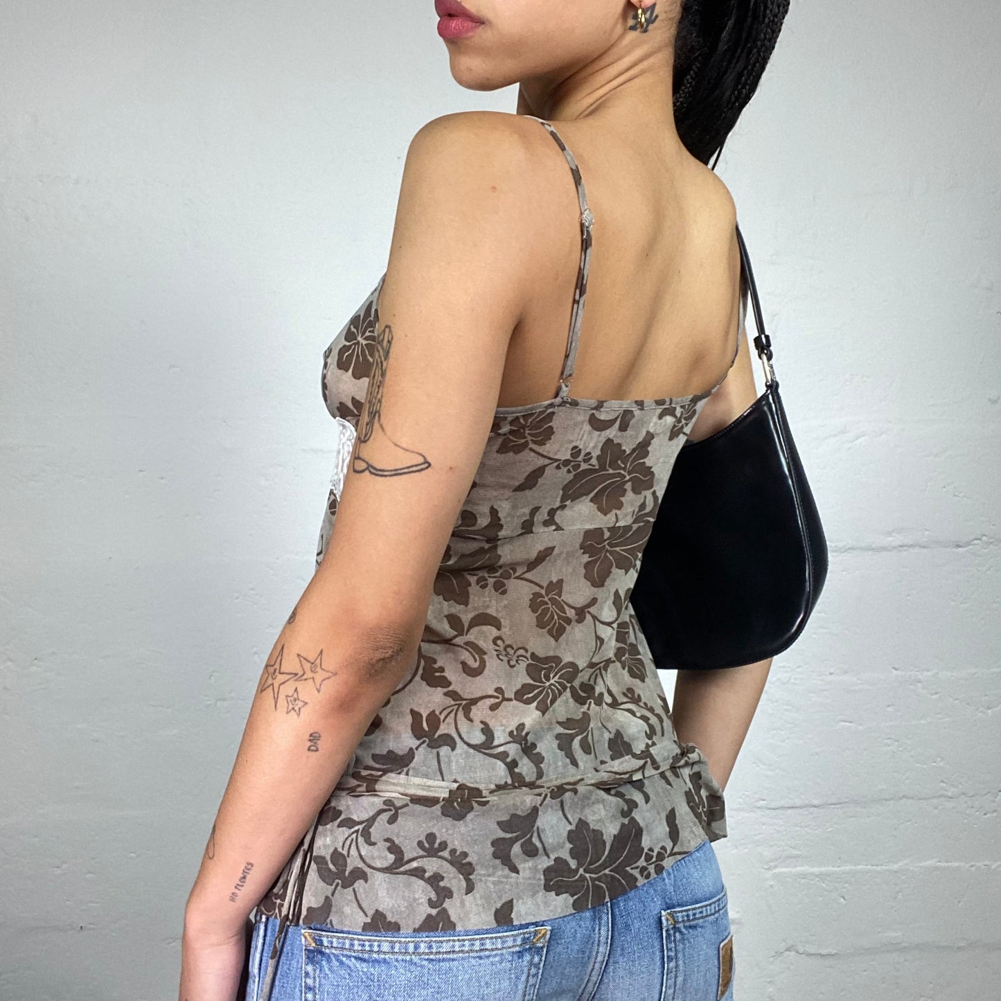 Vintage 2000's Romantic Beige Floral Print Cami Top with White Lace Decor and Ruffled Bottom (S)
