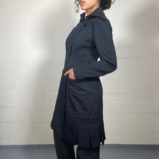 Vintage 2000's Miss Sixty Rainy Day Black Side Closing Midi Length Coat with Pleated Bottom Detail (L)