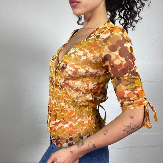 Vintage 2000's Summer Chiffon Printed Wrapped Up 2/4 Sleeve with Sleeve Rubber Sleeve Detail (L)
