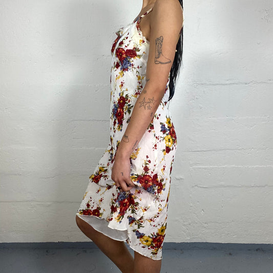 Vintage 2000's Romantic White Linen Midi Cami Dress with Red and Yellow Flowers Print (L)