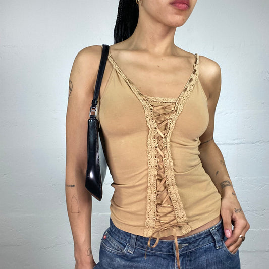 Vintage 2000's Downtown Girl Sand Colour Laced Up Cami Top with Lace Decoration (L)