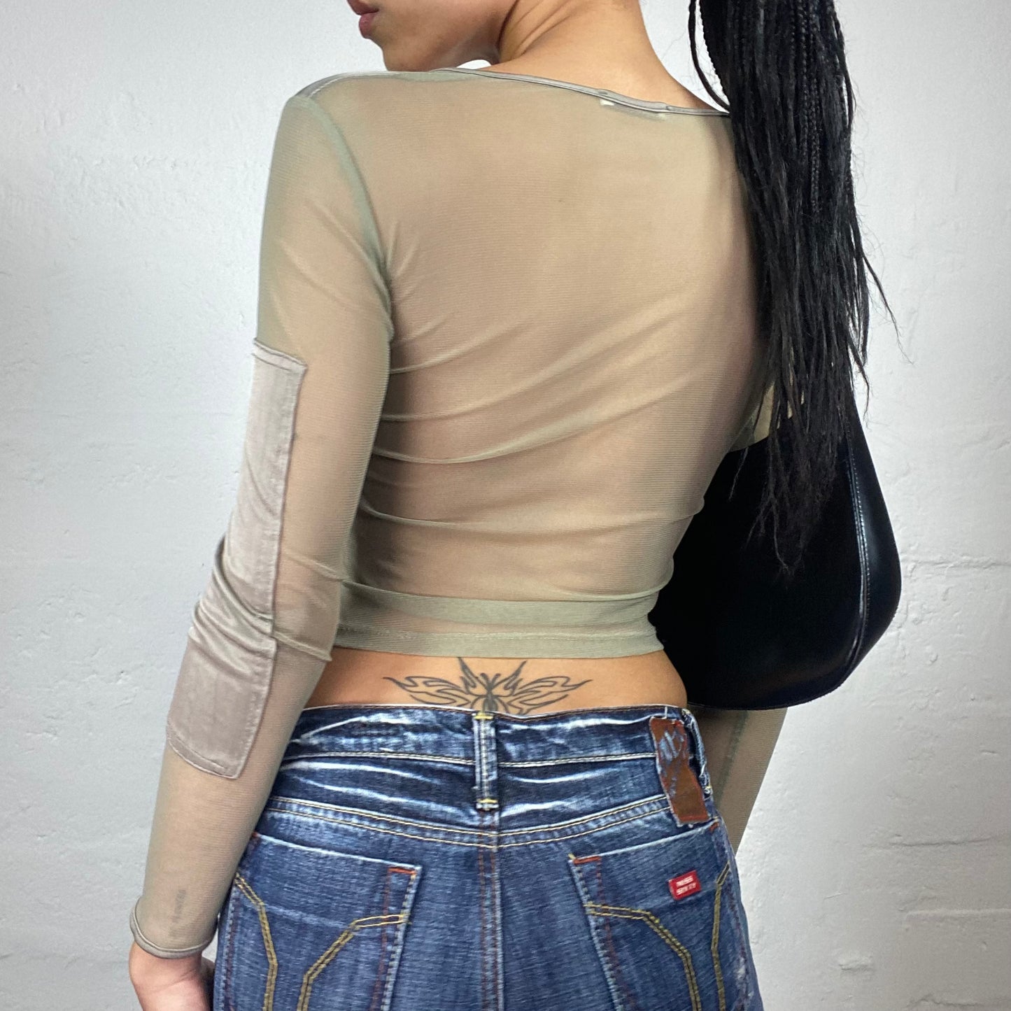 Vintage 2000's Glam Downtown Girl Shiny Silky and Mesh Longsleeve Top with Rhinestone Typo Embroidery (S)