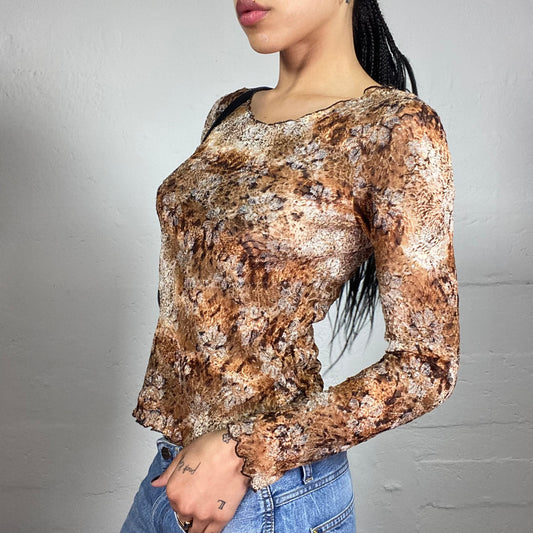 Vintage 2000's Downtown Girl Brown and Beige Lace Longsleeve Top (S)