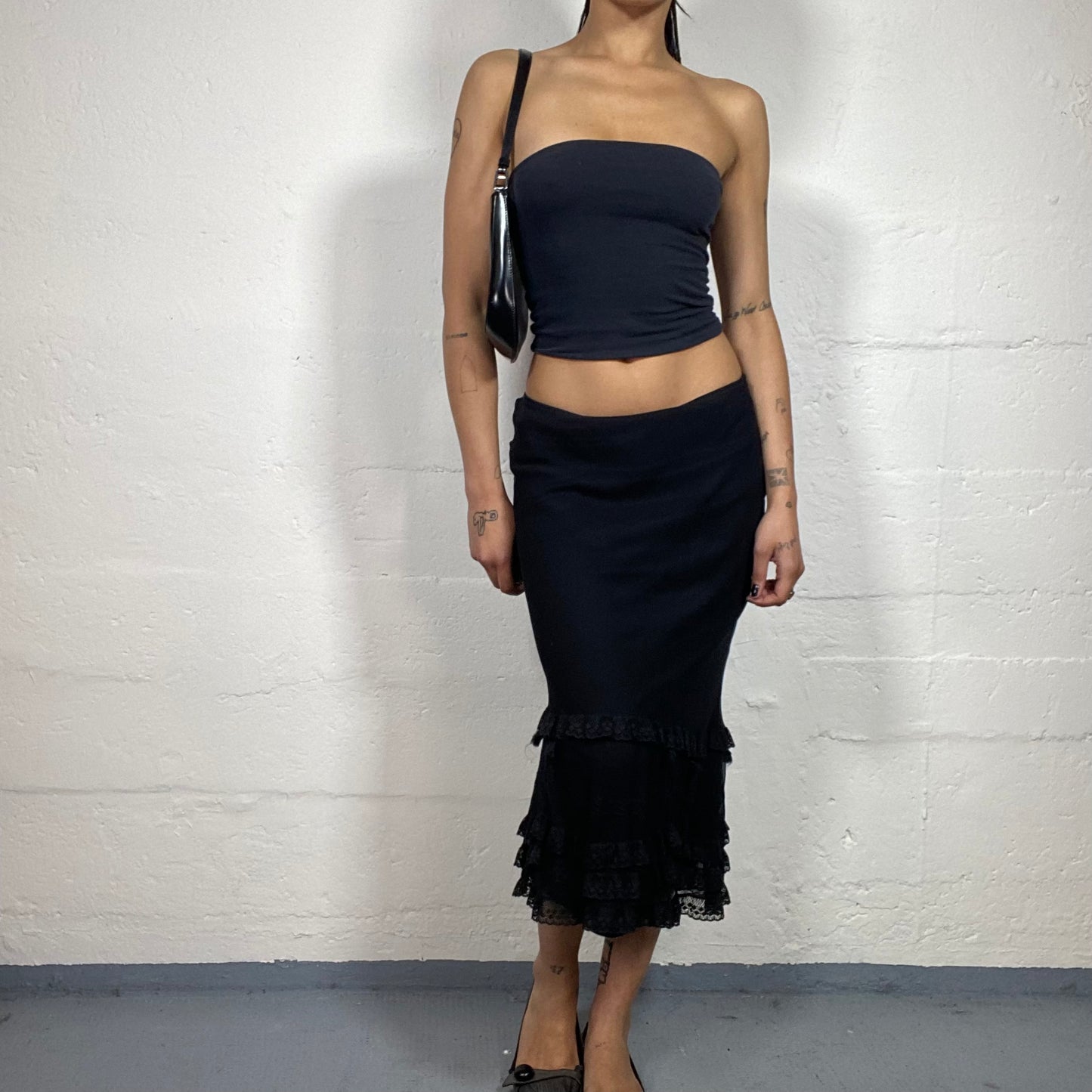 Vintage 2000's Betsey Johnson Romantic Black Long Midi Skirt with Layered Lace Bottom Details (M)