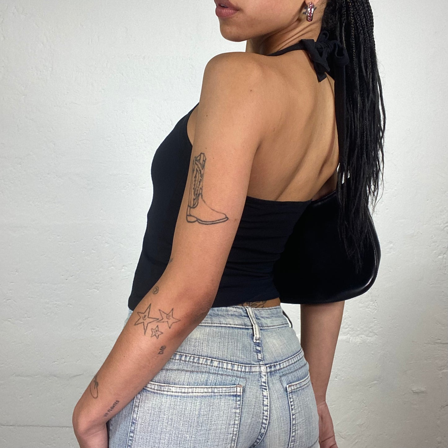 Vintage 2000’s Morgan Glamorous Black Neckholder Crop Top with Rhinestone Logo Embroidery (S)