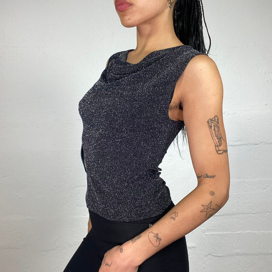 Vintage 2000's Clubwear Black Glitter Jersey Tank Top with Draped Neck Cut (M)
