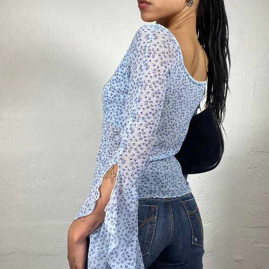 Vintage 2000's Soft Girl Light Blue Chiffon Flared Sleeves Floral Print Top (L)