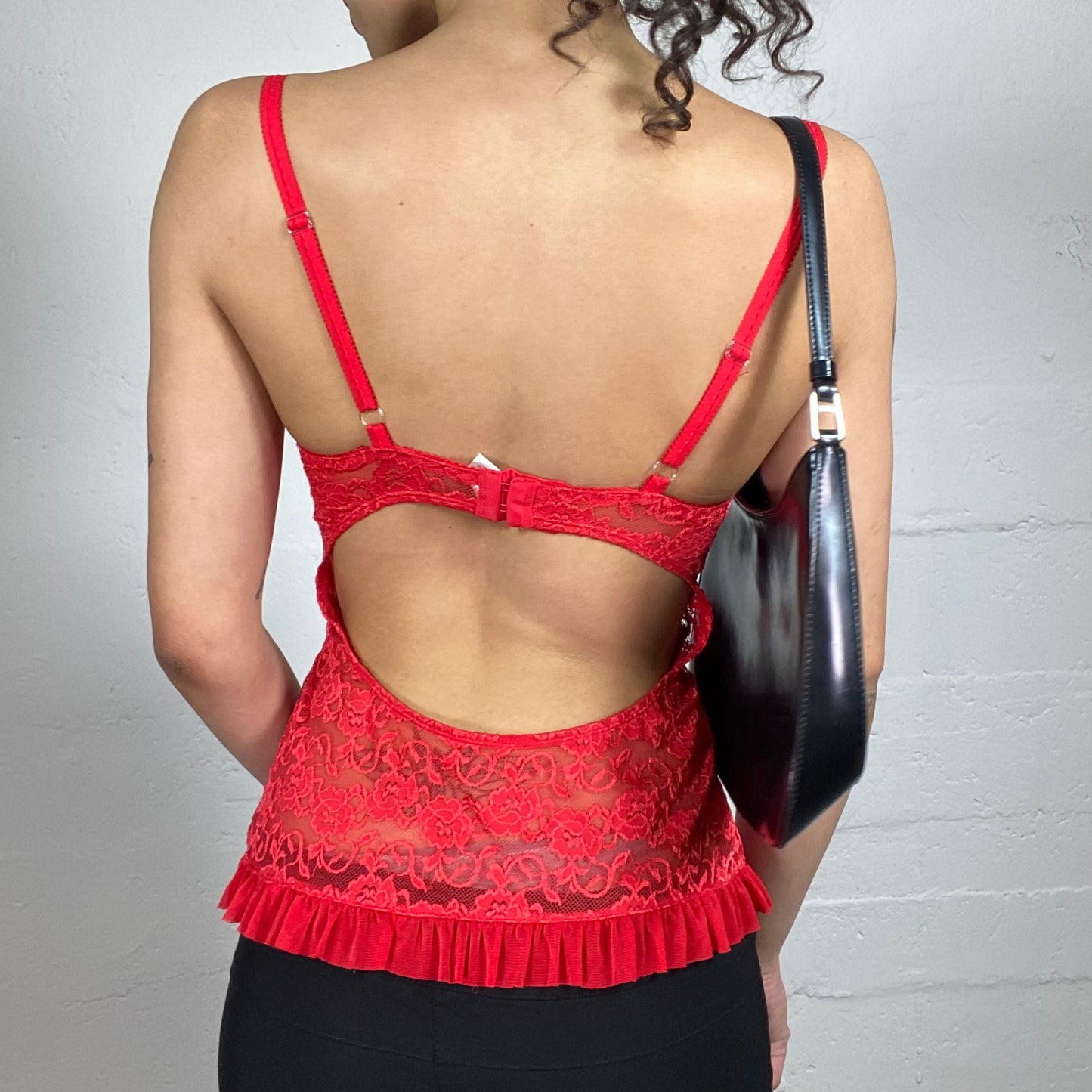 Vintage 2000's Femme Fatale Red Lace Lingerie Style Cami Top with Open Back (S)
