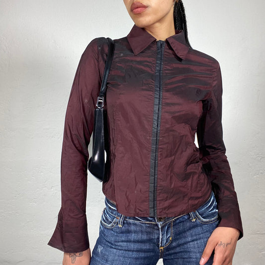 Vintage 2000's Downtown Girl Dark Burgundy Zip Up Longsleeve Collared Top (S)