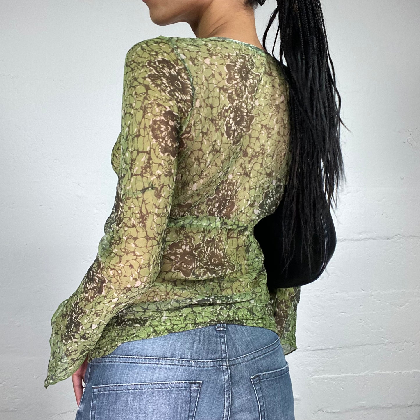 Vintage 2000's Boho Girl Forest Green Chiffon Light Printed Longsleeve Shirt with Wrapped Up Bra (M)