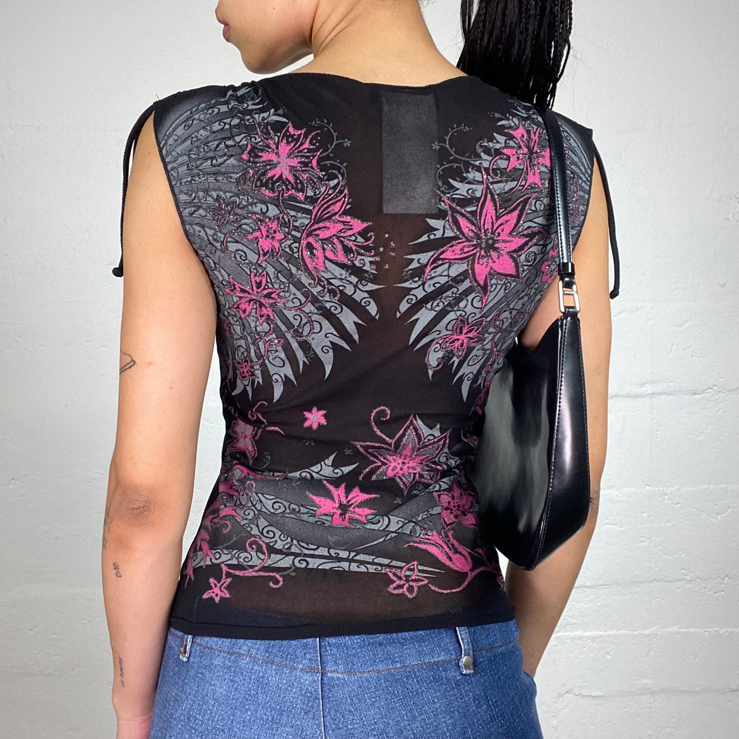 Vintage 2000's Morgan Downtown Girl Black Rubbered Shoulders Tank Top with Mesh Boho Printed Top (S)