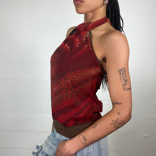 Vintage 2000’s Femme Fatale Dark Red Chiffon Abstract Printed Neckholder Top (S)