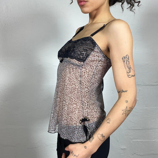 Vintage 2000's Romantic See Through Chiffon Beige and Black Floral Printed Cami Top (S)