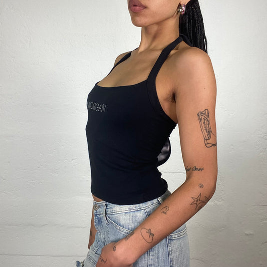 Vintage 2000’s Morgan Glamorous Black Neckholder Crop Top with Rhinestone Logo Embroidery (S)
