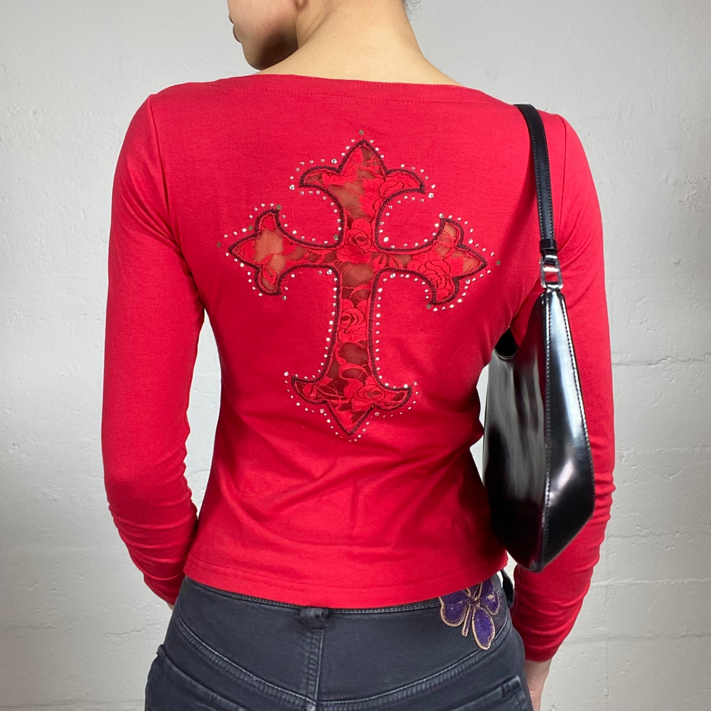 Vintage 2000's Gothic Red Printed Longsleeve Top with Back Lace Cross Detail (S)