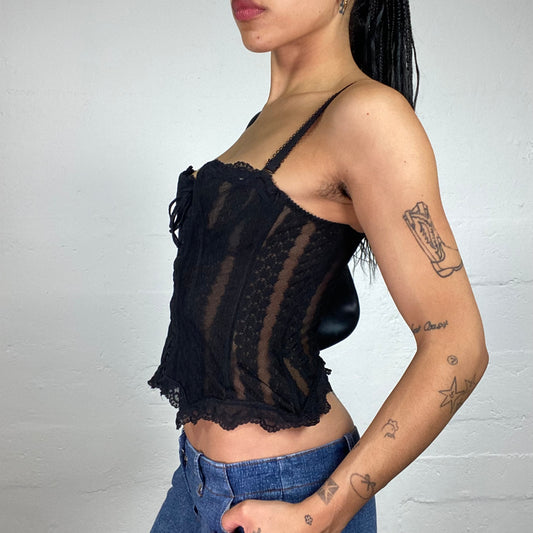 Vintage 2000's Goth Girl Black Lace Material Laced Up Corset Top (S)