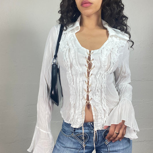 Vintage 2000's Romantic Boho White Textured Lace Up Collared Shirt with Flared Sleeves (S)