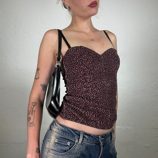Vintage 2000's Summer Dark Corset style Top with Tiny Floral Print Pattern (S)