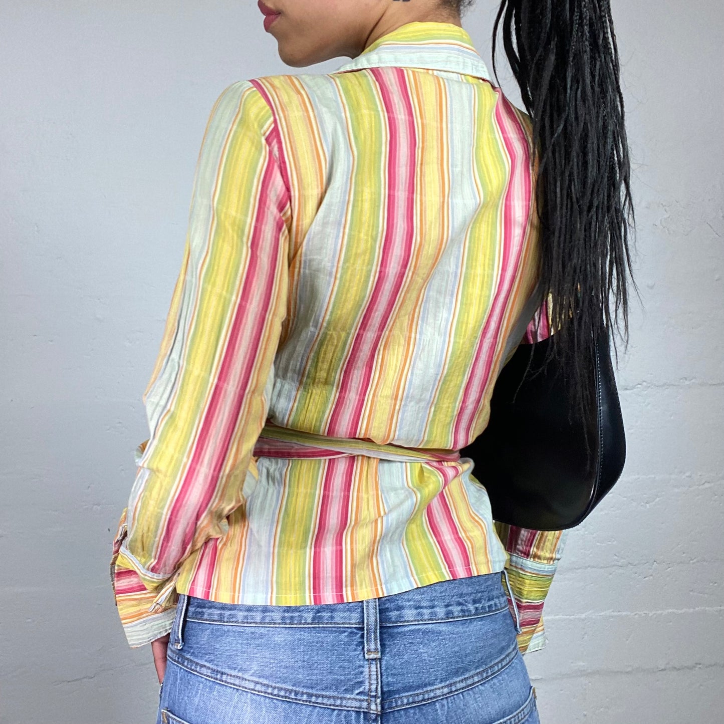 Vintage 2000's Fun Summer Yellow Pink and Blue Striped Wrapped Up Collared Shirt with Waist Binding (S)