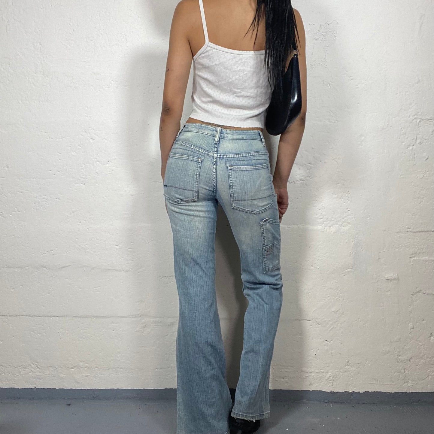 Vintage 2000’s Biker Girl Light Blue Washed Out Denim Straight Cut Mid Waist Pants with Double Belt and Leg Pocket Details (S)