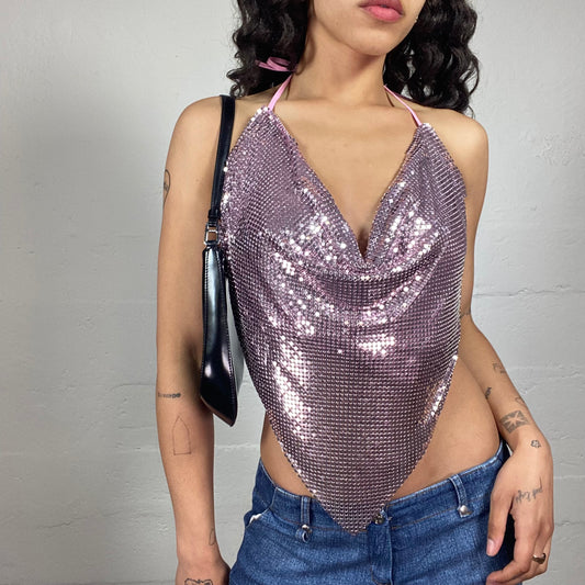 Vintage 2000's Glamorous Clubwear Pink Sequins Draped Neckholder Top with Open Back (S/M)