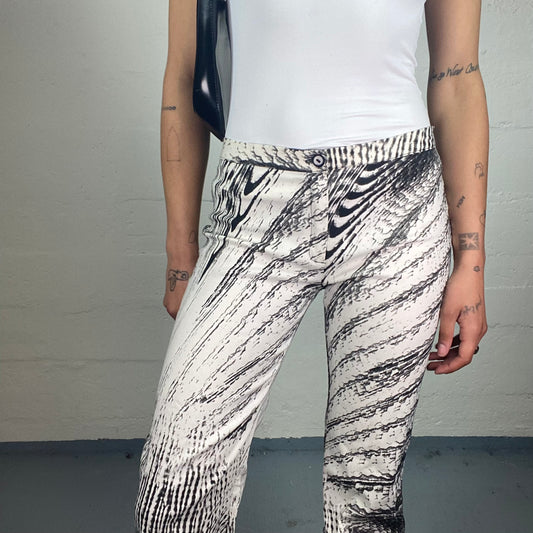 Vintage 2000's Futuristic Black and White Abstract Print Straight Cut Pants (L)