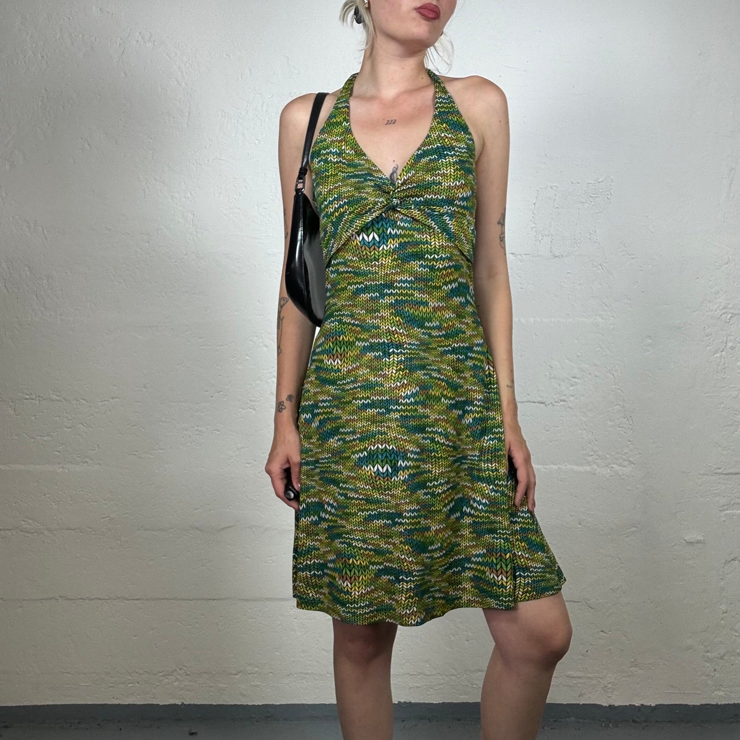 Vintage 2000's Summer Fairy Cute Green Neckholder Wrap Bra Neckholder Dress with Knit Effect Print (S)