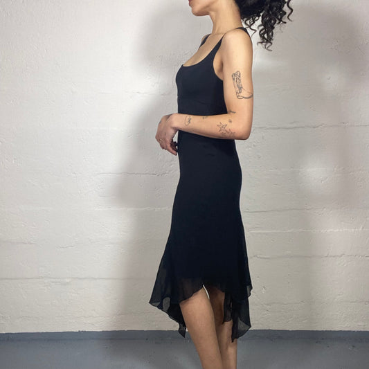 Vintage 2000's Perfect Summer Night Out Midnight Black Asymmetric Ruffled Dress with Shiffon Layerings (S)