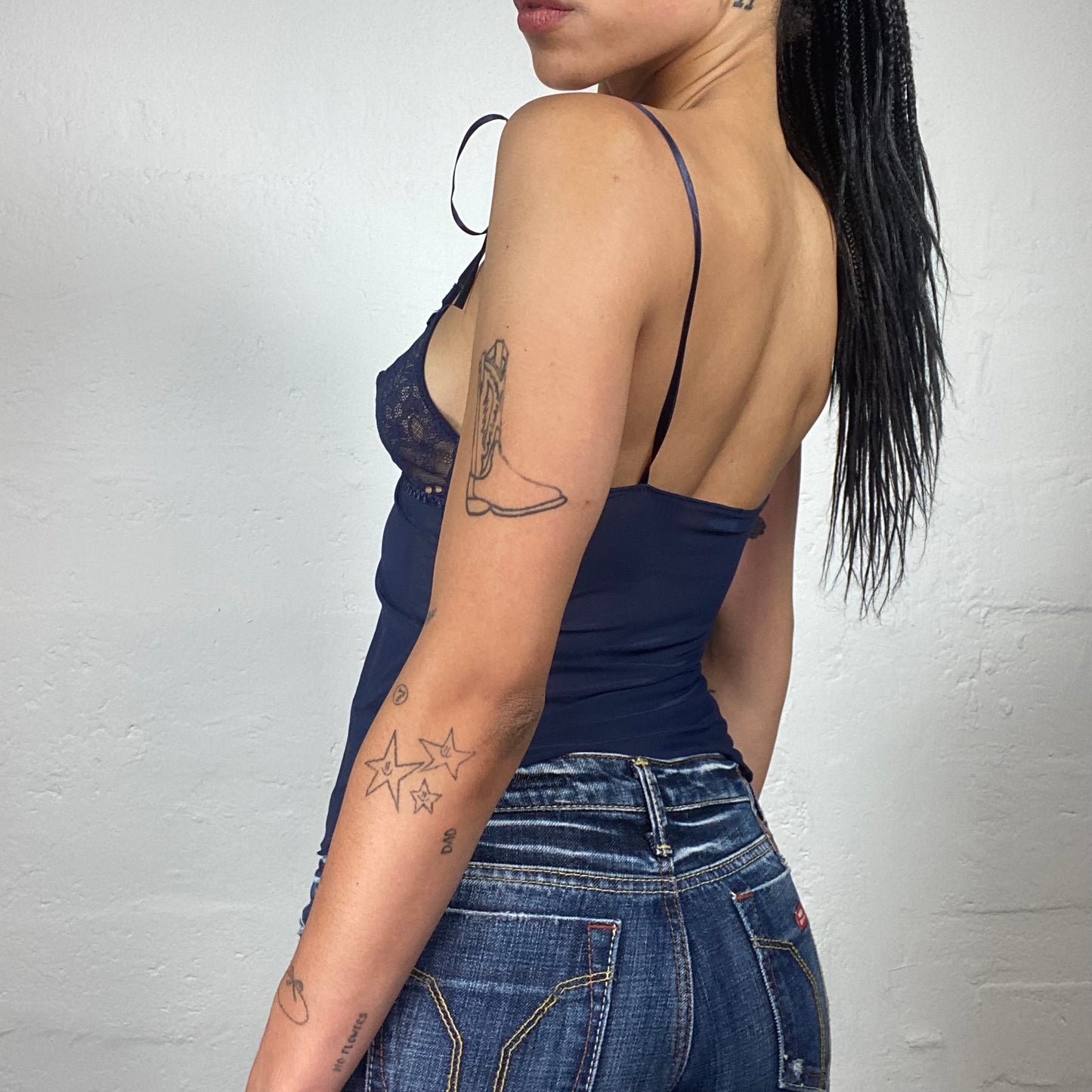 Vintage 2000's Coquette Navy Blue Slim Fit Lace Bra Cami Top with Shoulder Ribbons (S)