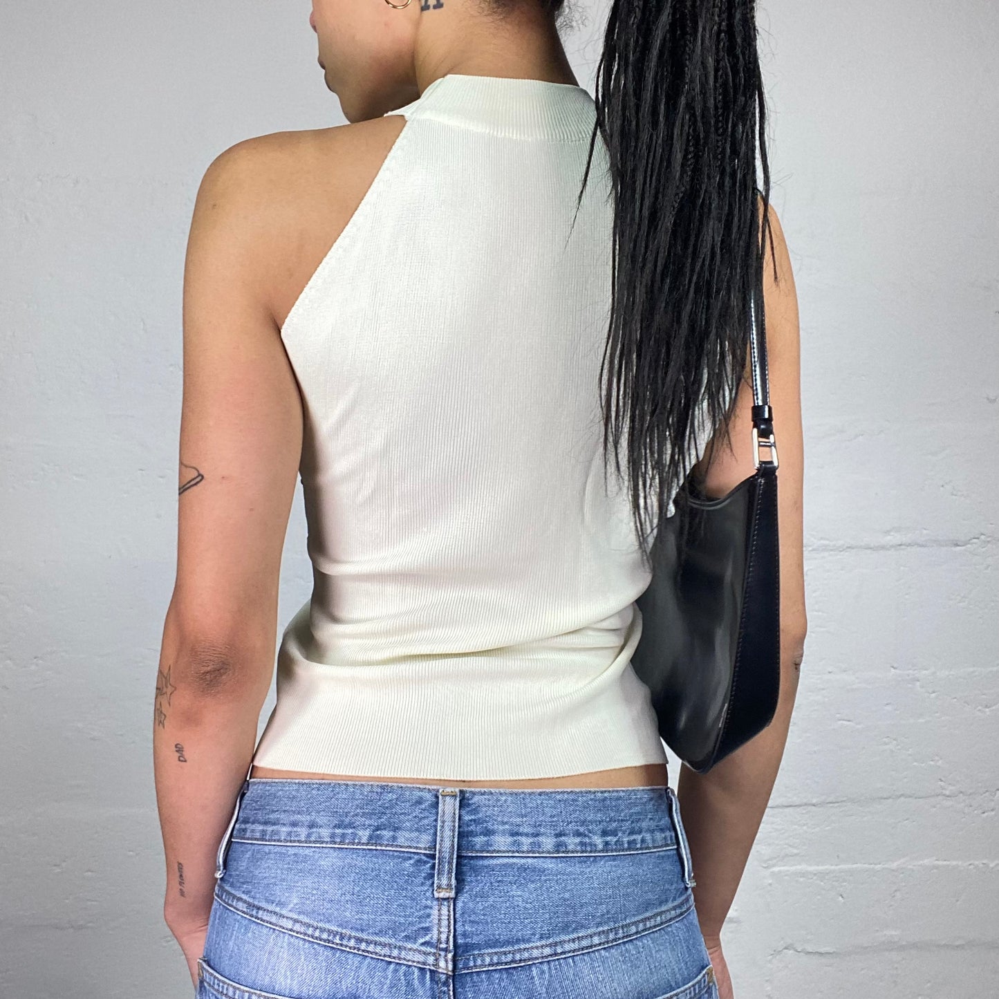 Vintage 2000's Glam White Jersey Turtleneck Sleeveless Top with Sequin Embroidery (S)