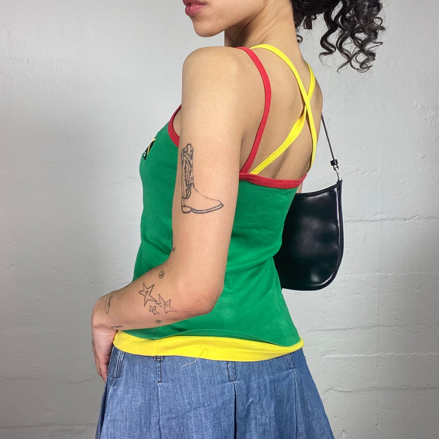 Vintage 2000's Brazil Green Yellow Red Tank Top with Crossing Back and Flag Embroidery (S)