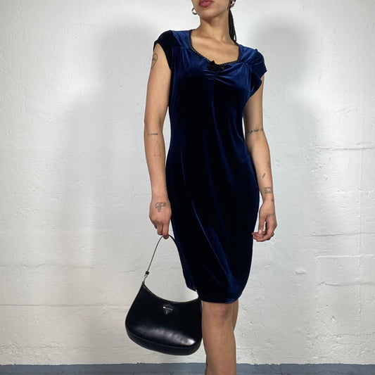 Vintage 2000's Dinner Out Chic Midnight Blue Velour Dress with Micro Sleeves (L)