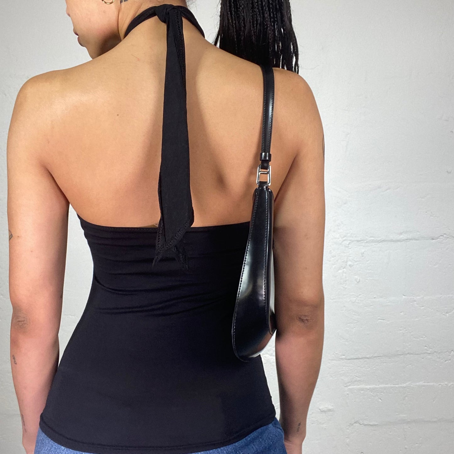 Vintage 2000's Clubwear Black Draped Open Back Top with Metal Piece Decorated Neckholder (XS)