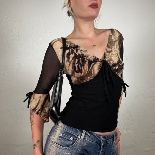 Vintage 2000's Date Night Black Longsleeve Top with Brown and Gold Bust and Sleeve Details (S)