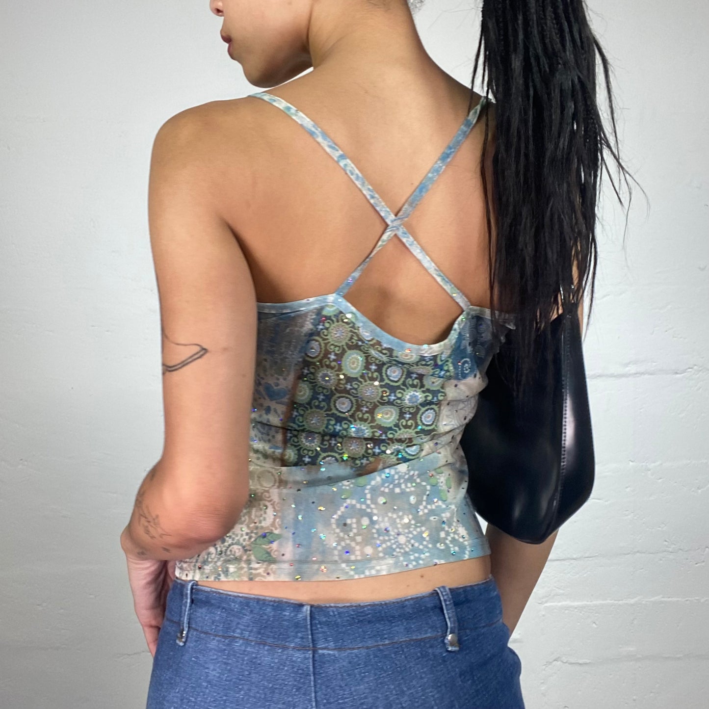 Vintage 2000's Downtown Girl Blue and Green Printed Cami Top with Rhinestone Decoration (M)