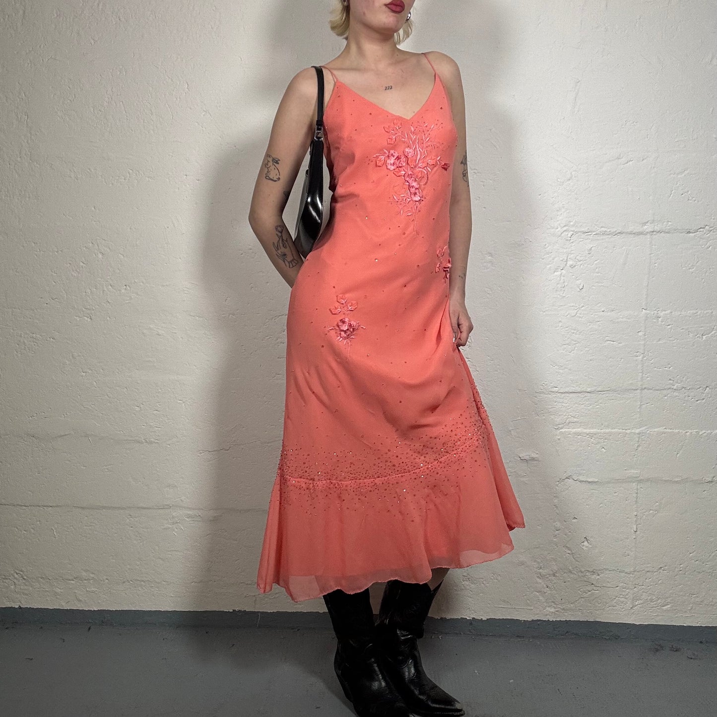 Vintage 2000's Summer Coral Chiffon Flowy Cami Midi Dress with Floral Embroidery (S)
