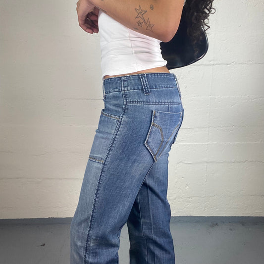 Vintage 2000's Miss Sixty Blue Denim Low Rise Straight Cut Jeans with Front Special Shaped Pockets (S)