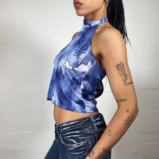 Vintage 2000's Downtown Girl Romantic Blue Cropped Neckholder Top with Abstract Print (S/M)