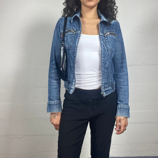 Vintage 2000's Miss Sixty Downtown Girl Classic Blue Denim Zip Up Collared Jacket with Zipped Pockets (M)