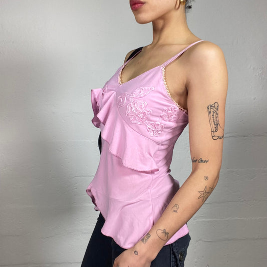 Vintage 2000's Girly Girl Pink Ruffled Cami Top with Floral Embroidery (S)