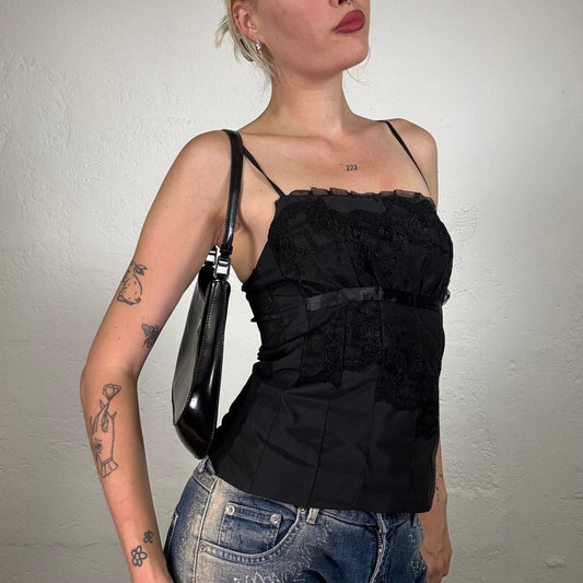Vintage 2000's Gothic Black Lace Corset style Top with Satin ribbon Detail (S)