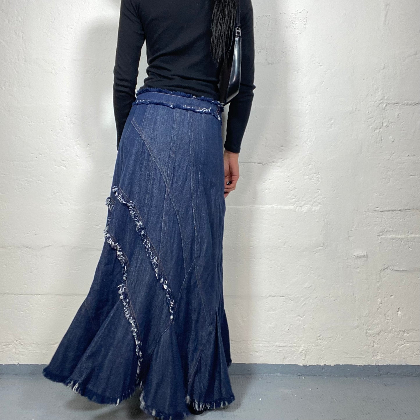 Vintage 2000's Boho Girl Dark Blue Denim Maxi Draped Skirt with Open Trim (S)