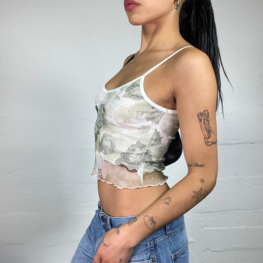 Vintage 2000's Romantic White Cropped Mesh Details Rose Print Cami Top (S)
