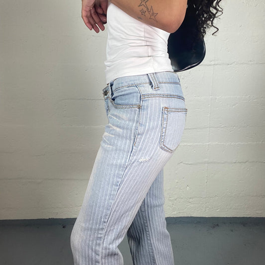 Vintage 2000's Downtown Girl Light Blue Washed Out Striped Low Waisted Flared Jeans (M)