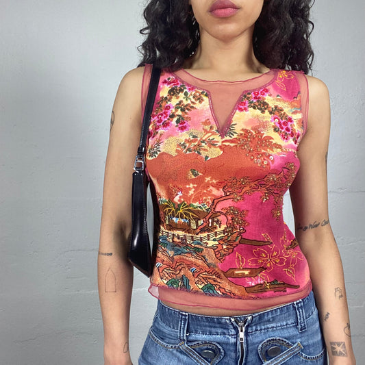 Vintage 2000's Boho Girl Pink and Orange Printed Tank Top with Mesh Detail (S)