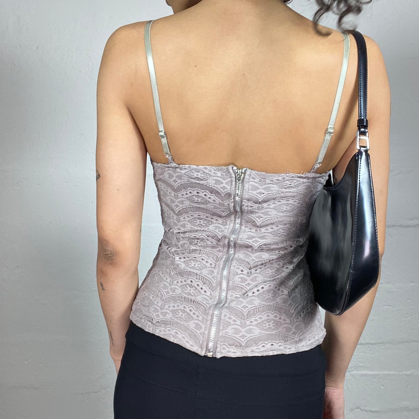 Vintage 2000's Morgan Coquette Beige Lace Printed Cami Corset with Ruffled Lace Trim (S)