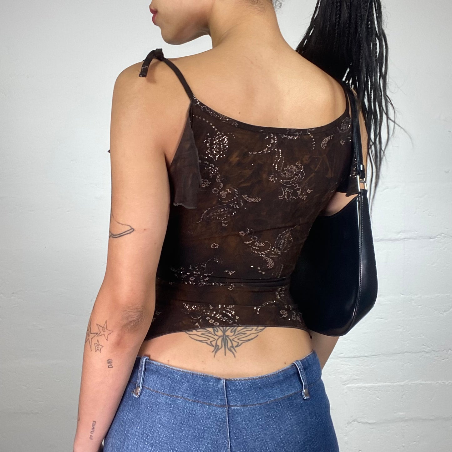 Vintage 2000's Romantic Chiffon Brown Cami Top with Silver Glitter Print (S)