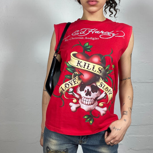 Vintage 2000's Archive Ed Hardy Blood Red Love Kills Slowly Sculp Printed Tank Top (M)